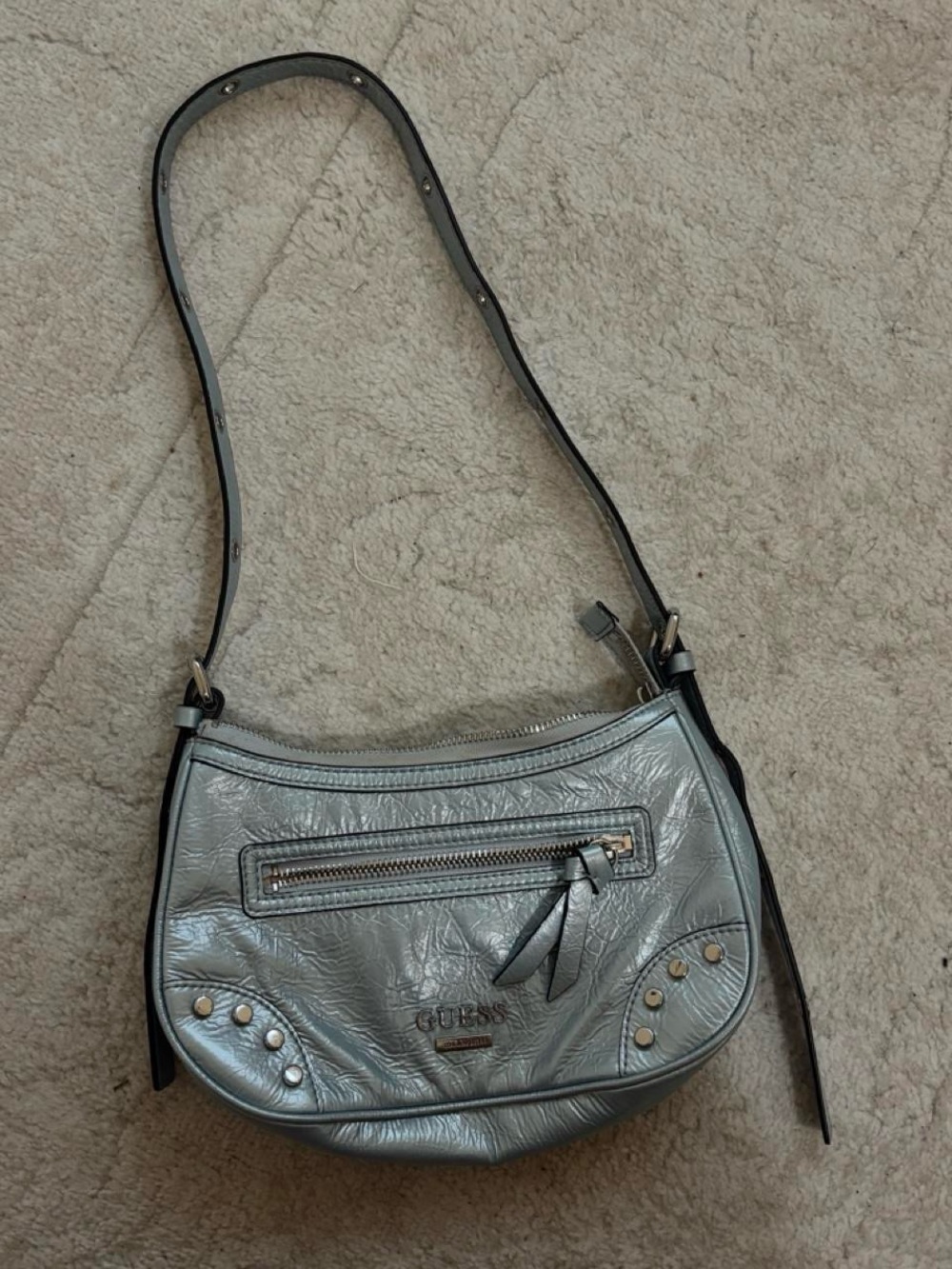 GUESS Metallic Silver Shoulder Bag with Black Trim